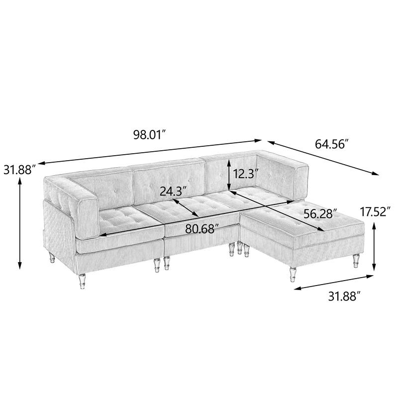 4-Piece 98" W Upholstered Modular Corduroy Sectional Sofa