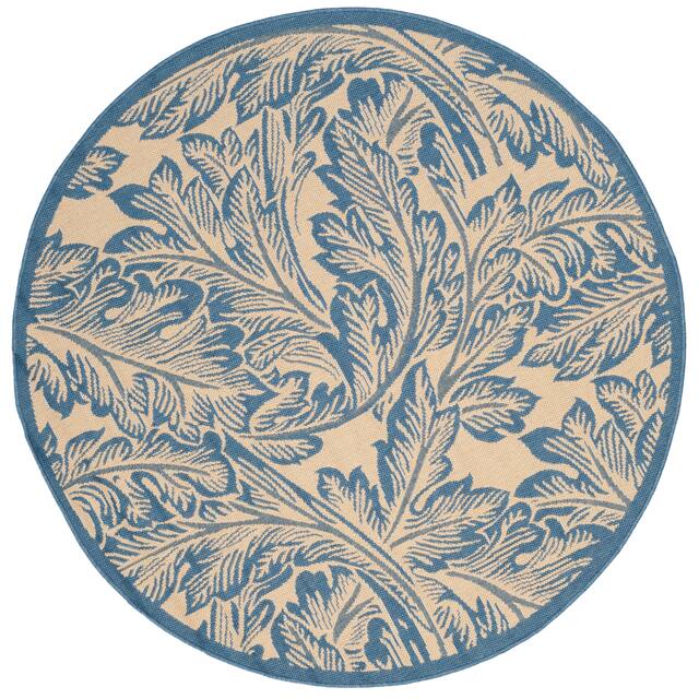 SAFAVIEH Courtyard Bettyjane Tropical Leaves Indoor/ Outdoor Area Rug - 6'7" x 6'7" Round - Natural/Blue
