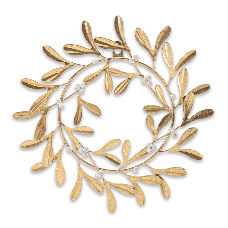 Gold Metallic Mistletoe Wreath Featuring Leaf and Jeweled Berry Design Ideal for Front Door or Wall Hanging