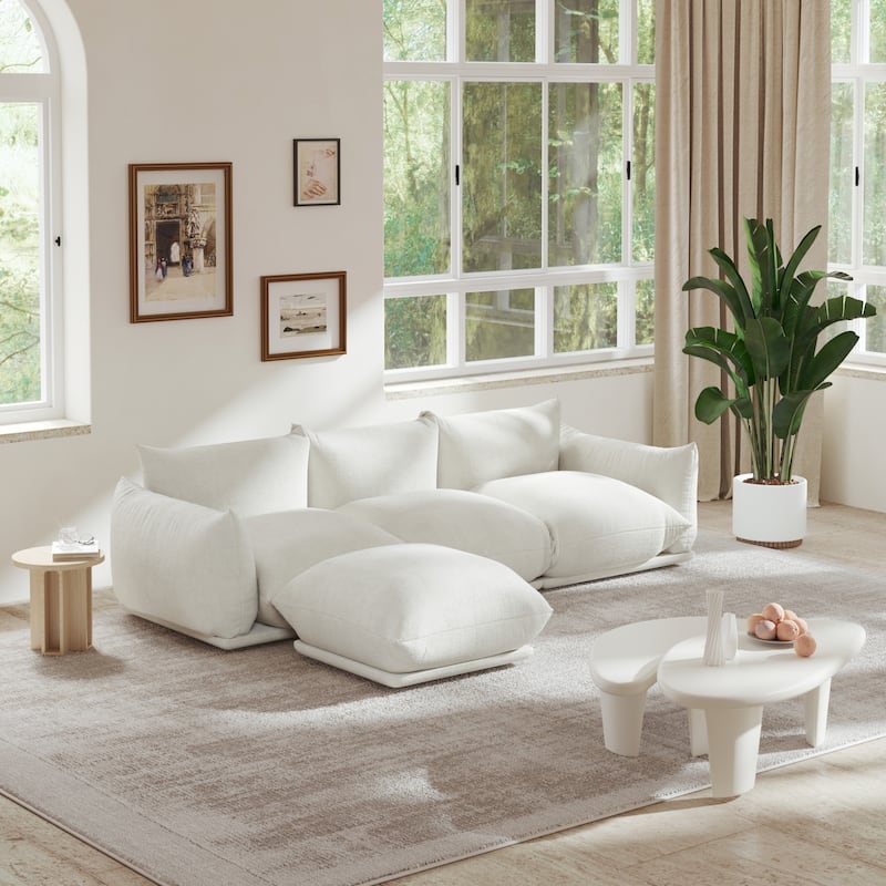 103.9'' L-Shaped Sectional Sofa Chenille Fabric 3-Seat Couch with Ottoman - Beige
