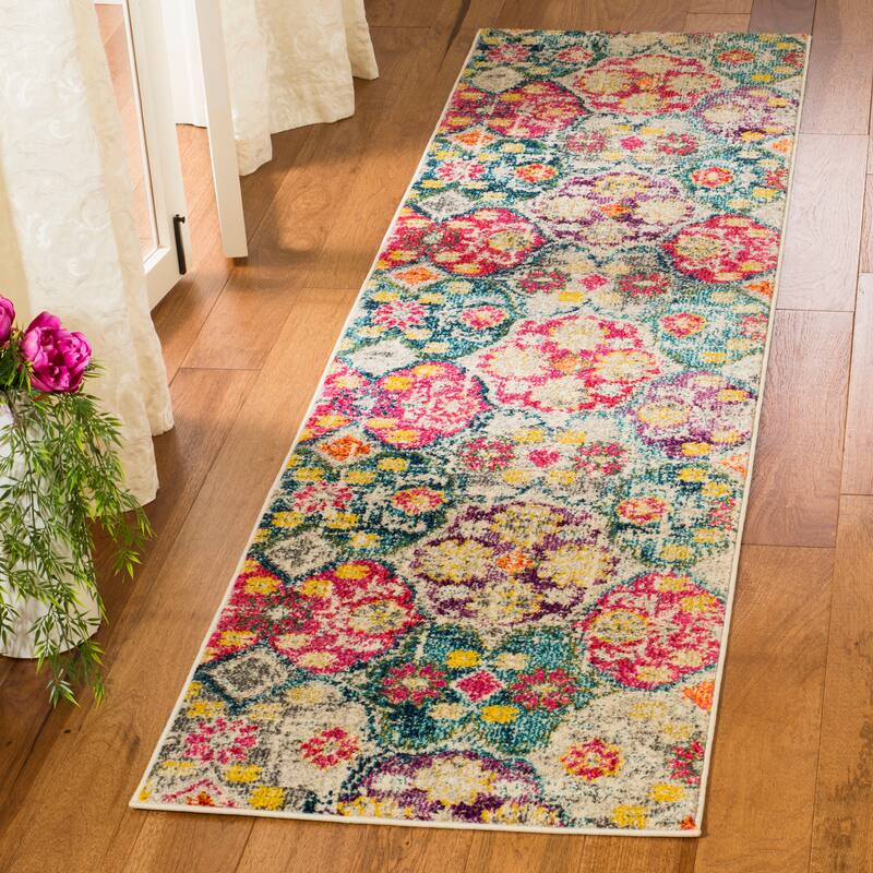 SAFAVIEH Monaco Elease Distressed Boho Rug - 2'2" x 8' Runner - Grey/Fuchsia