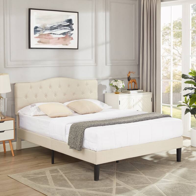 VECELO Tufted Upholstered Bed Frames With Adjustable Headboard - Beige - Full
