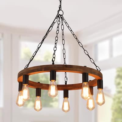 Anmytek Modern Farmhouse 8-Light Wagon Wheel Wood Chandelier Round Pendant Lights for Dining Room - 23.5" D x 24" H