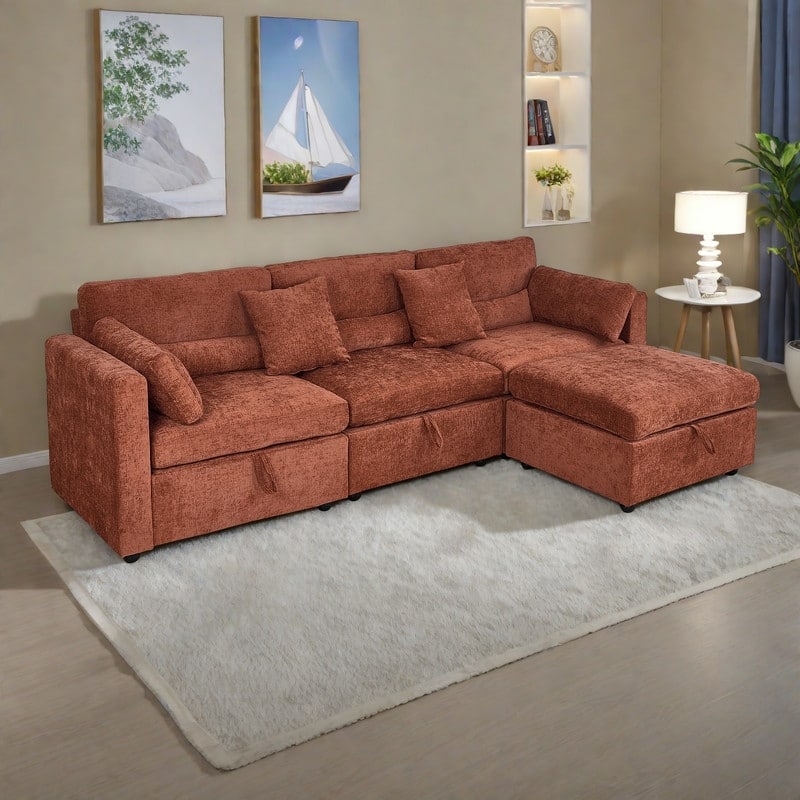Chenille Modular Sectional Sofa with Ottoman, Right-Arm Chaise and Middle Seat (500lb Capacity) - Brown