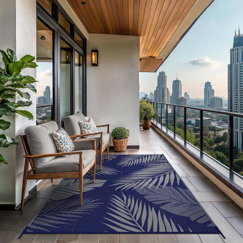 Mcow Palm Leaf Collection Reversible Woven Waterproof Outdoor Area Rug