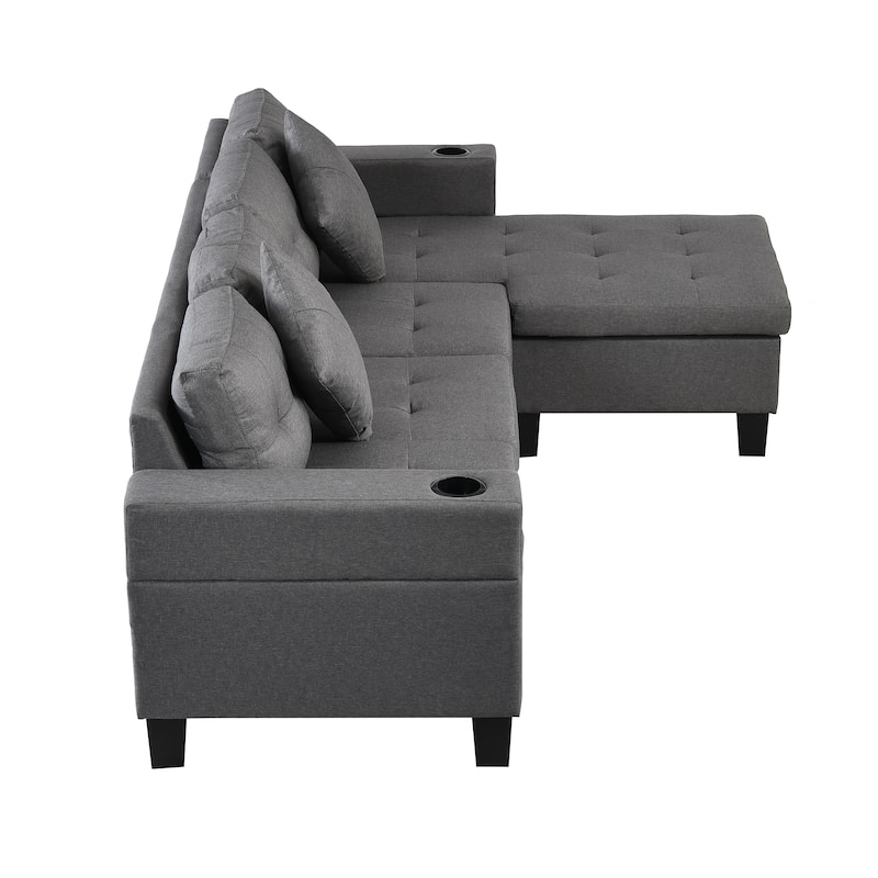 Sectional Sofa Set for Living Room with L Shape Chaise Lounge ,cup holder and Left or Right Hand Chaise Modern 4 Seat (BLACK)