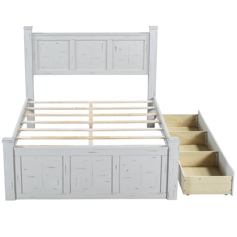 White Distressed Platform Bed Frame Wood Panel Bed w/ 3 Storage Drawers