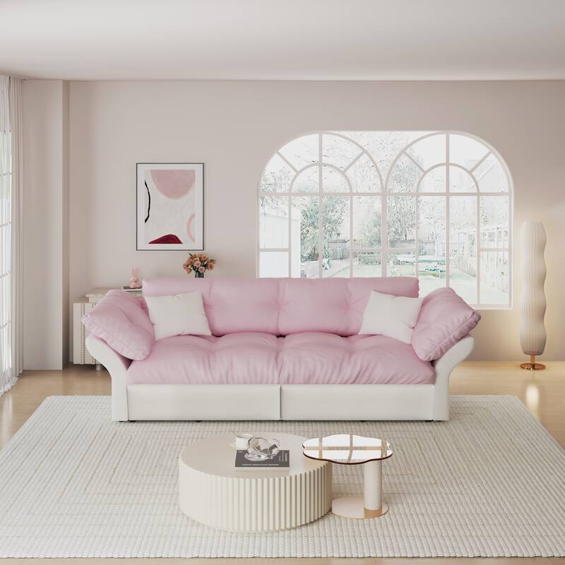 74.8" Queen Pull Velvet Out Sofa Bed, 3-in-1 Convertible Sleeper Tufted Sofa with 2 Soft Pillows-Pink
