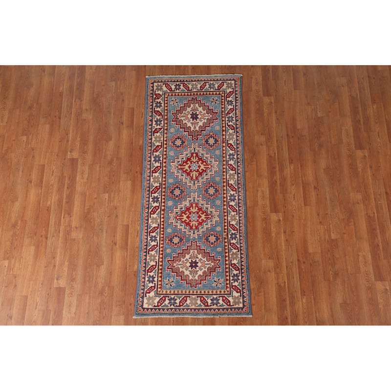 Light Blue Geometric Kazak Accent Rug Hand-Knotted Wool Carpet - 2'7" x 6'4"
