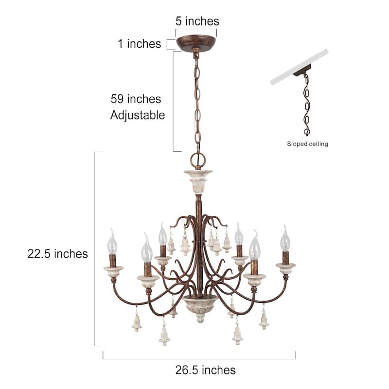 Farmhouse 6-Light Wood Chandelier French Country Candle Ceiling Light for Dining Room - D 26.5" x H 22.5"