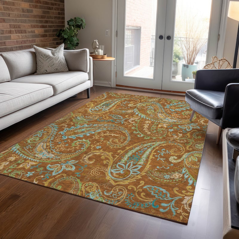 Machine Washable Indoor/ Outdoor Paisley Chantille Rug - Paprika - 5' x 7'6"
