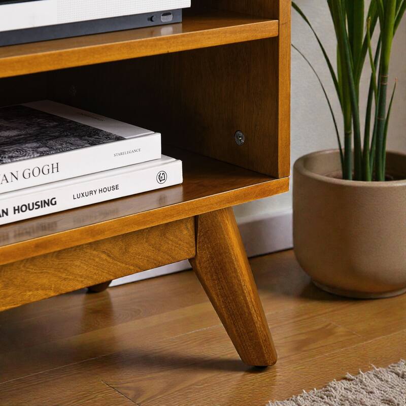 Mid Century Modern 59" Rattan TV Stand for 65" TV, Media Console with Solid Wood Legs and Storage Cabinet