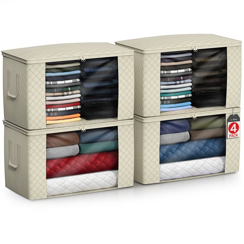 Sorbus Foldable Storage Bag Organizers, Large Clear Window & Carry Handles, Great for Clothes, Blankets, and More - 4 Pack - Beige