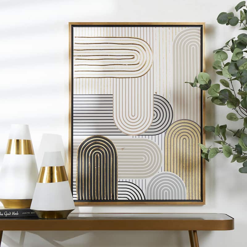 Cream Canvas Art Deco Linear Arched Abstract Framed Wall Art with Gold Foil Accents - Gold