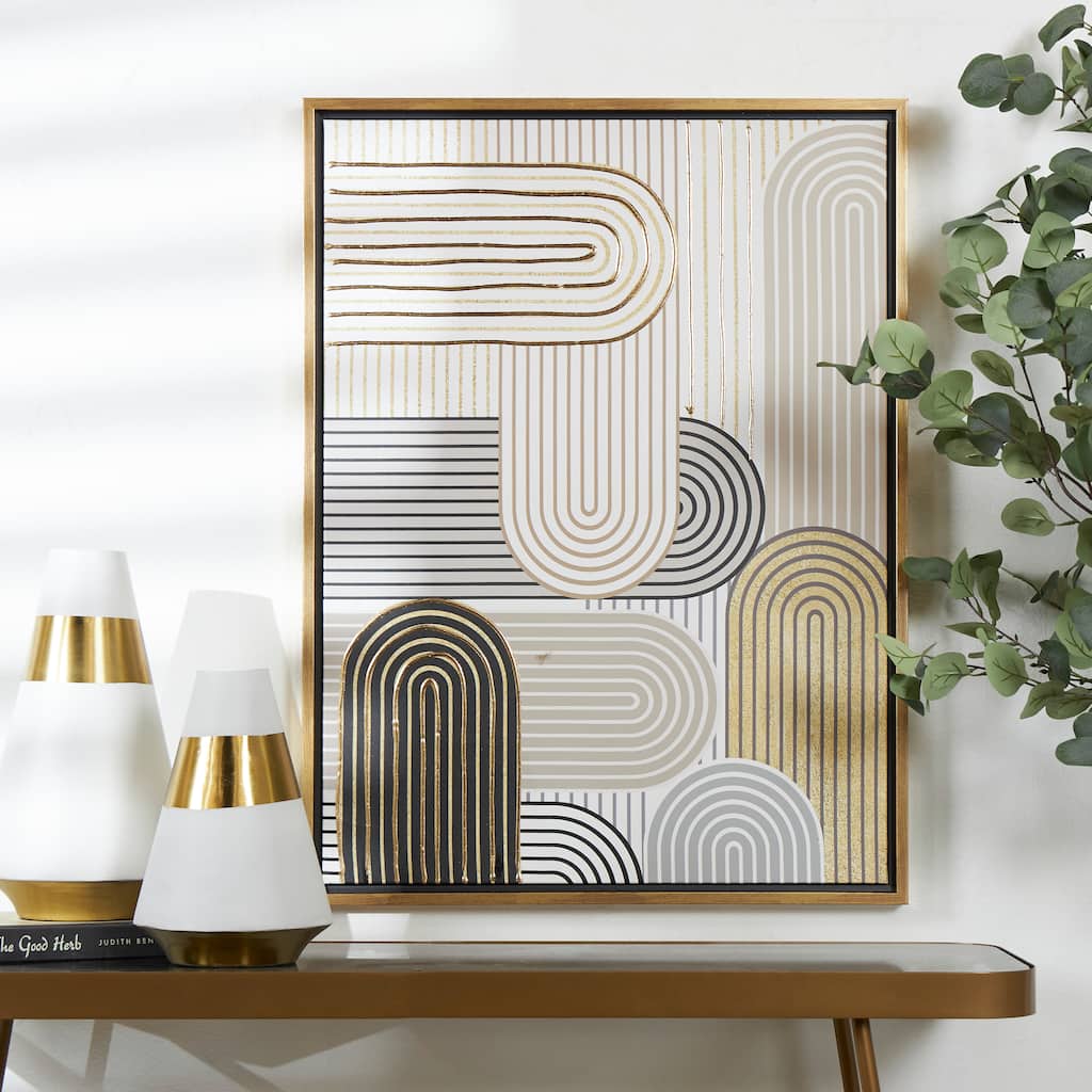 Cream Canvas Art Deco Linear Arched Abstract Framed Wall Art with Gold Foil Accents