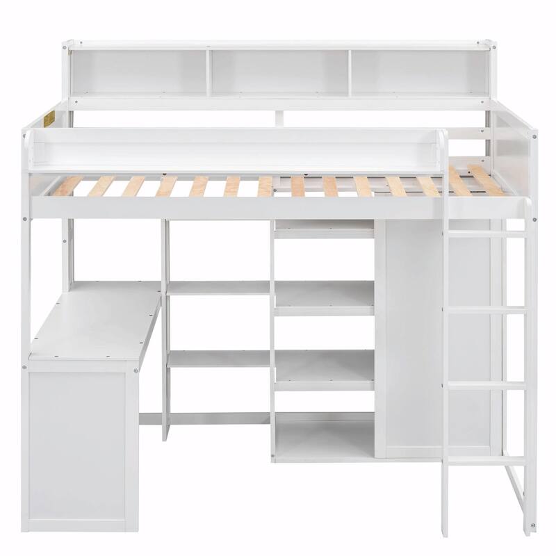 Wood Twin Size Loft Bed with Storage Shelves and Wardrobe