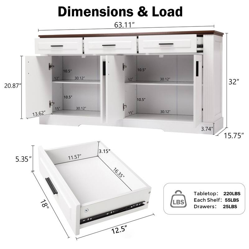 63" Sideboard Buffet Cabinet with Storage and Adjustable Shelves for Stylish Home Organization