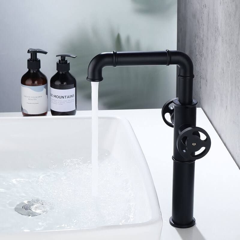 12.5"H Solid Brass Industrial Style Double Handle Bathroom Vessel Sink Faucet