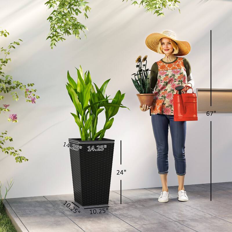 GDFStudio - Indoor Outdoor Woven Rattan-style Tall Tapered Planter Set with Drainage Hole & Removable Plug, Set of 3 - 24"H