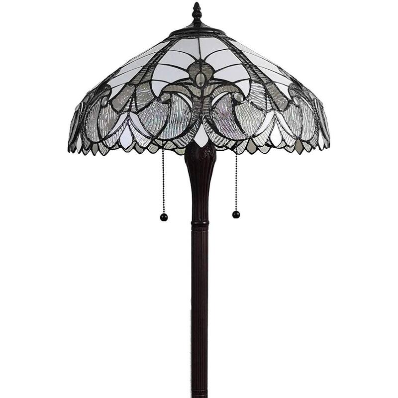 Dark Brown Metal Torchiere Floor Lamp with White Stained Glass Shade - 18” x 18” x 62” (D x W x H)