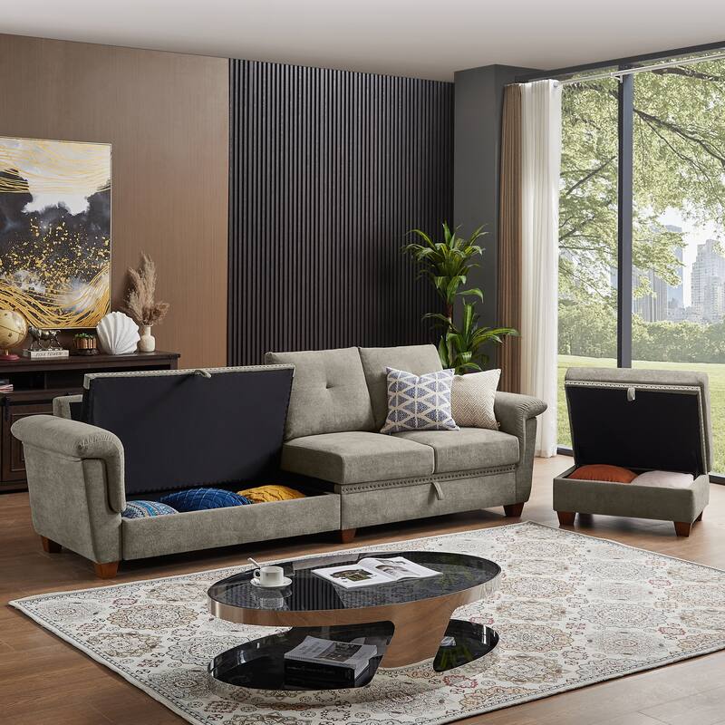 109" Modern 4 Seaters Towelling Sectional Sofa with Hidden Coffee Table Adjustable Headrest and Large Storage Space
