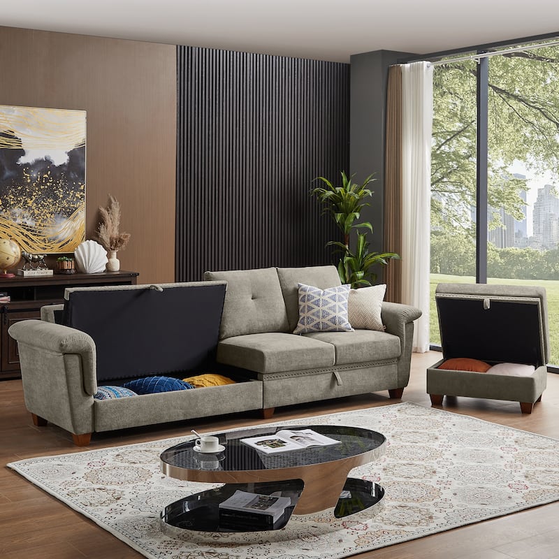 109" Modern 4 Seaters Towelling Sectional Sofa with Hidden Coffee Table and Large Storage Space