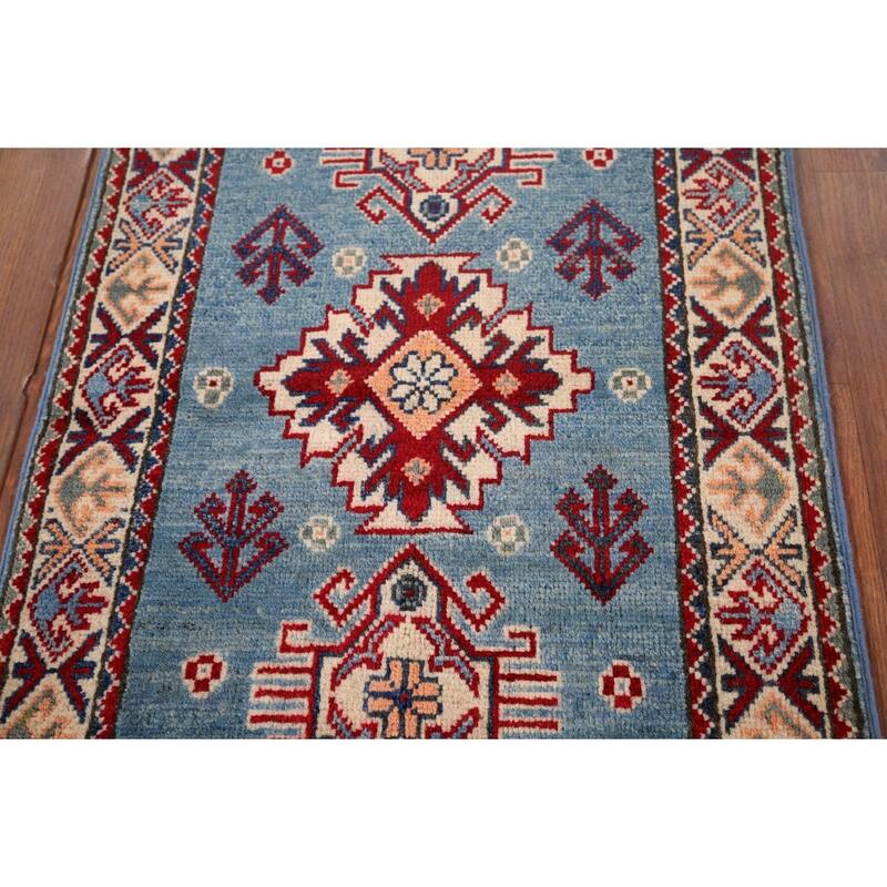 Hand Knotted Oriental 100% Wool Carpet Traditional Geometric Navy Blue & Blues Kazak Area Rug - 3' 0'' X 1' 11''