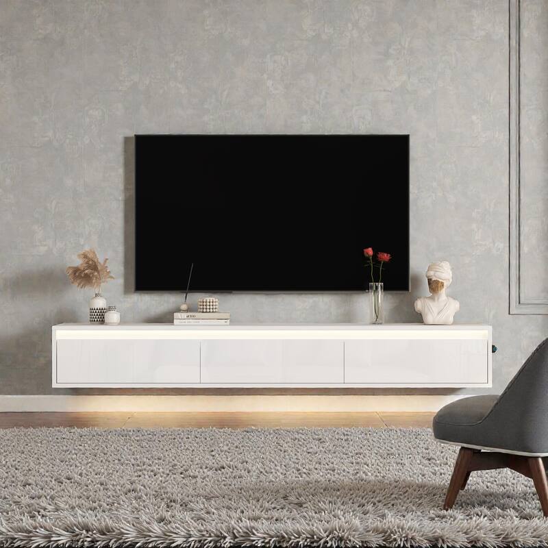 Floating TV Stand with LED Lights and Power Outlet, Wall Mounted High Gloss TV Cabinet for 60-69 Inch TVs