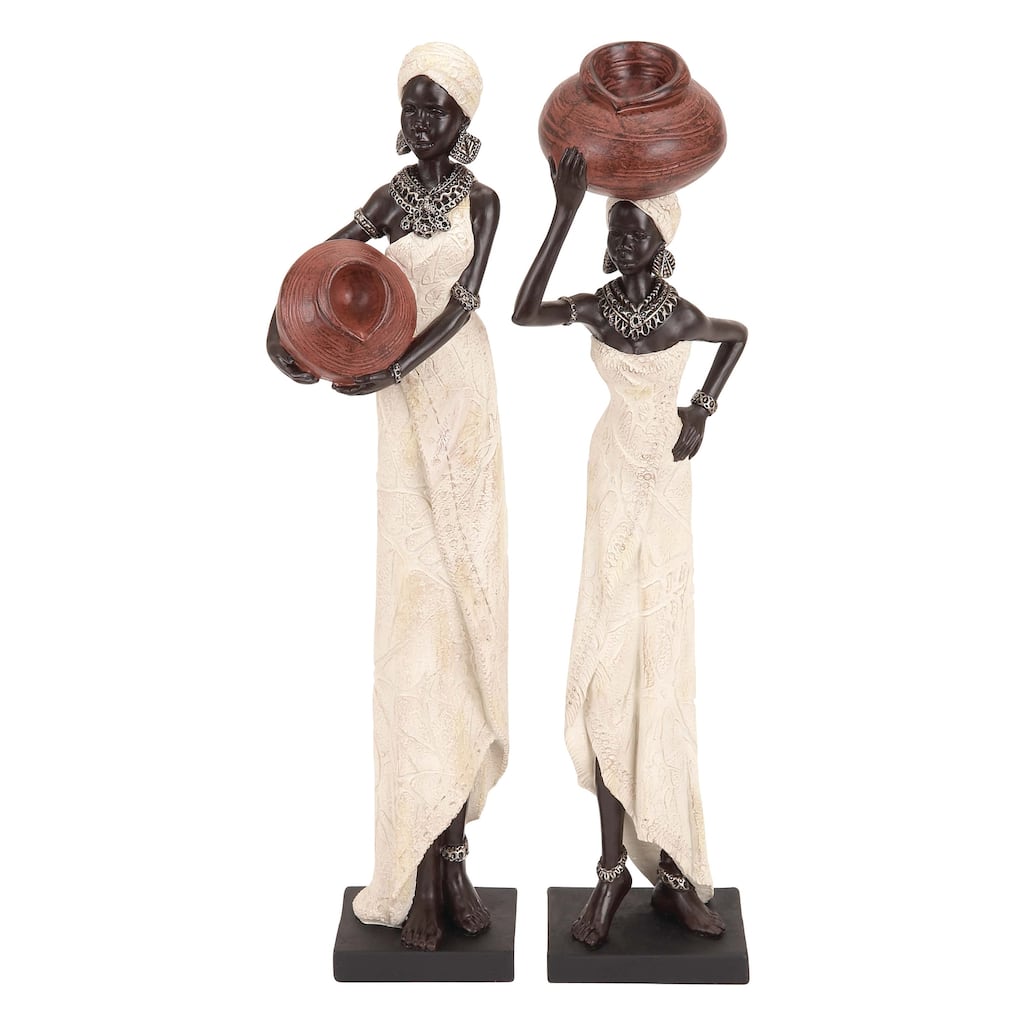 Polystone Woman Standing African Sculpture with Red Water Pots and Black Base - Set of 2 Cream - Roche River Decor