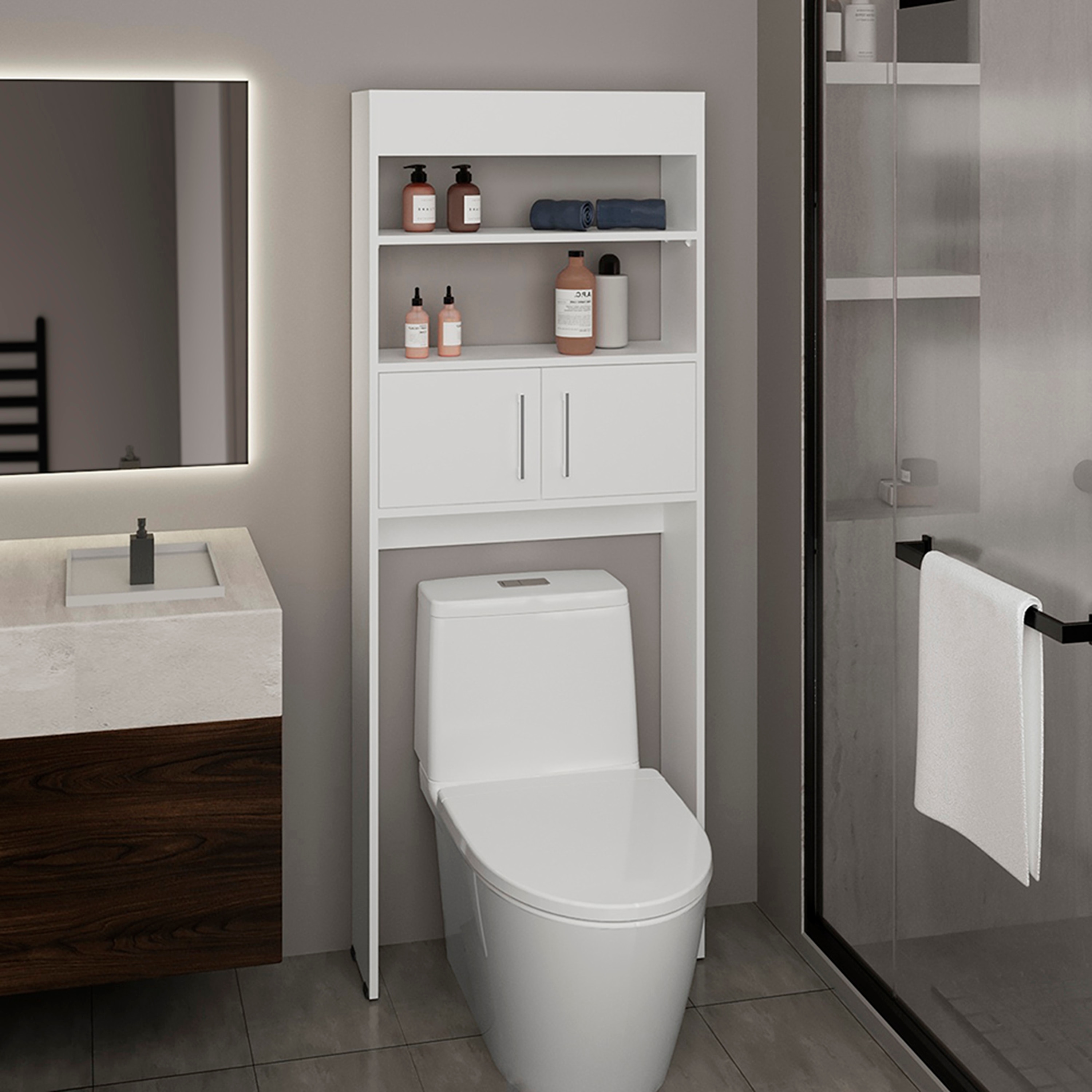 Over The Toilet Cabinet, Double Door, Two Shelves, Modern Bathroom Cabinet