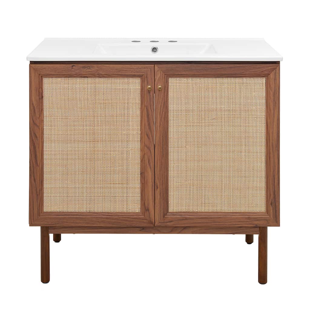 Classe 36 In. Brown Oak Bathroom Vanity With White, 3-Hole Ceramic Sink Top
