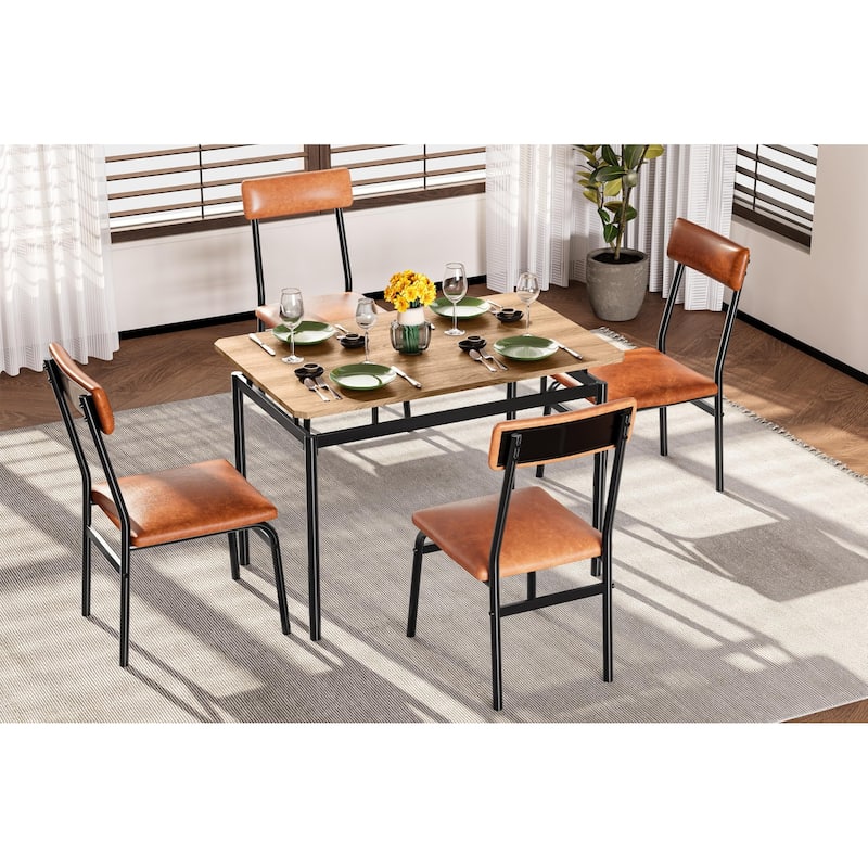 5 Piece Dining Table Set for 4, Small Industrial Kitchen Table with PU Padded Chairs & Metal Frames