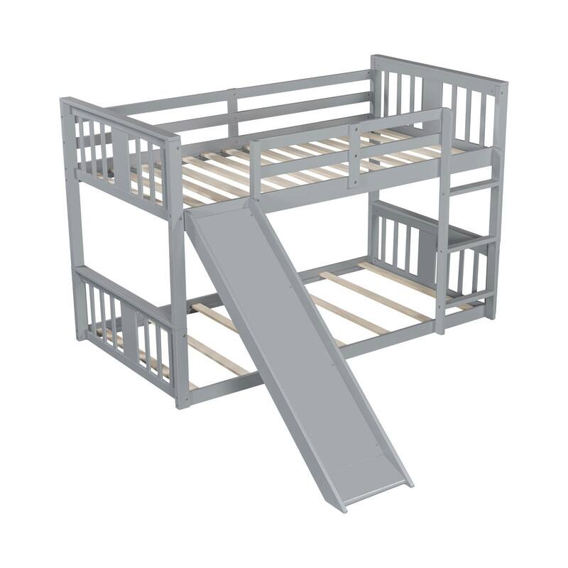 Twin Over Twin Bunk Bed with Slide and Ladder, Gray