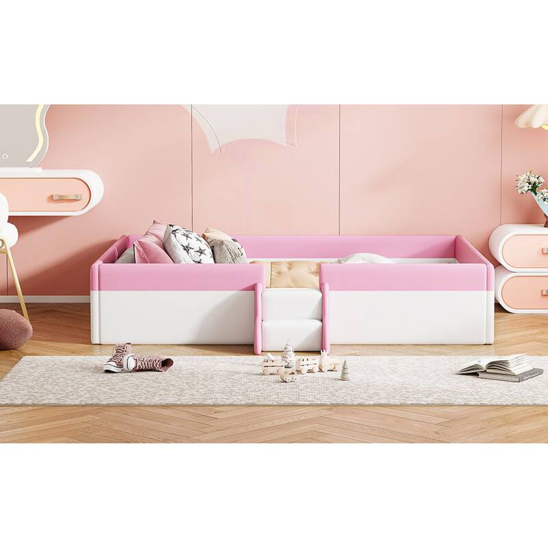 Roomfitters Twin/Full/Queen/King Size Upholstered Daybed Frame with Safety Fence and Stairs, PU Fabric Platform Bed with Slats