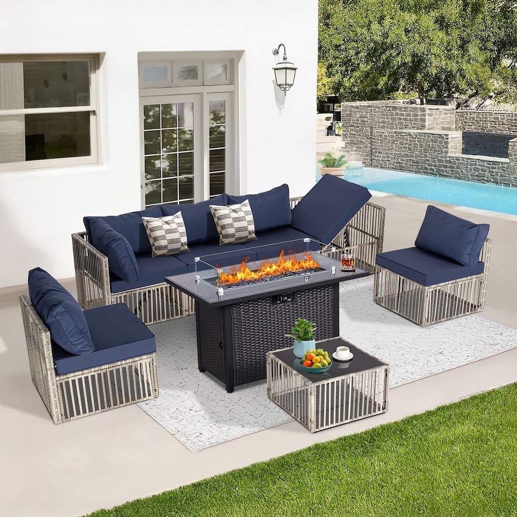 8-Piece Gray Wicker Patio Conversation Set with Patio Fire Pit