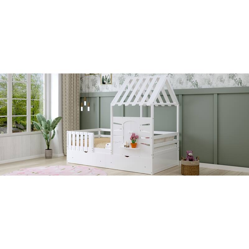 Twin Size House Bed With 2 Drawers and Guardrails