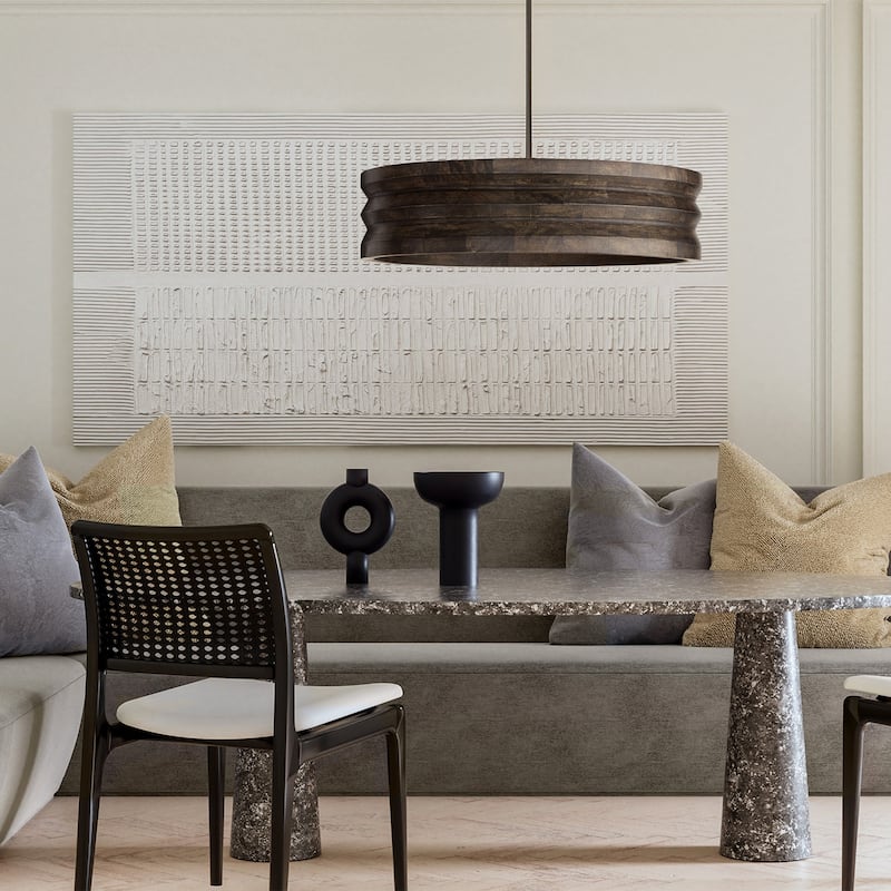 30" W x 18" H 4-Light Chandelier in Matte Black and Handcrafted Mango Wood in Espresso Stain - 30"W x 6"H