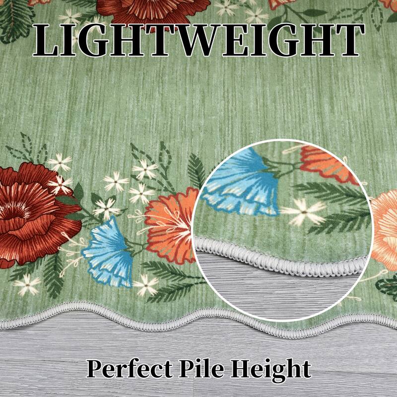 Area Rugs for Living Room Bedroom Washable Modern Floral Rug Scalloped Non-Slip Low Pile Carpet