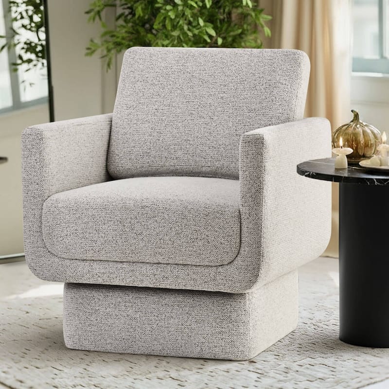 Beige Upholstered Swivel Barrel Accent Chair