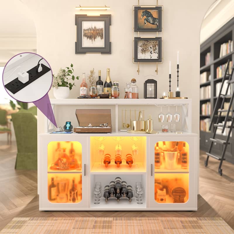 Buffet Sideboard Cabinet Wood Coffee Bar Cabinet with Charging Station and LED lights