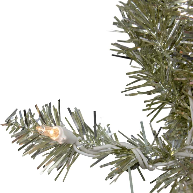 9 x 12 Pre-lit Metallic Sterling Silver Artificial Christmas Tinsel Garland - Clear Lights - 12'