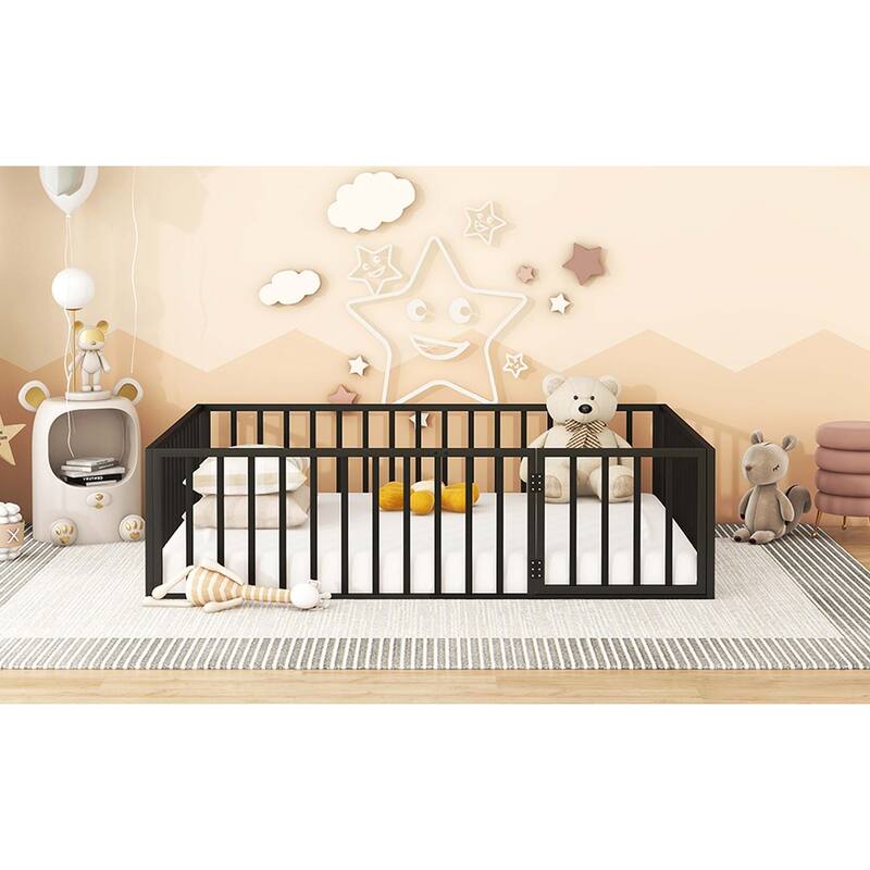 Metal Floor Bed Frame with Fence & Door