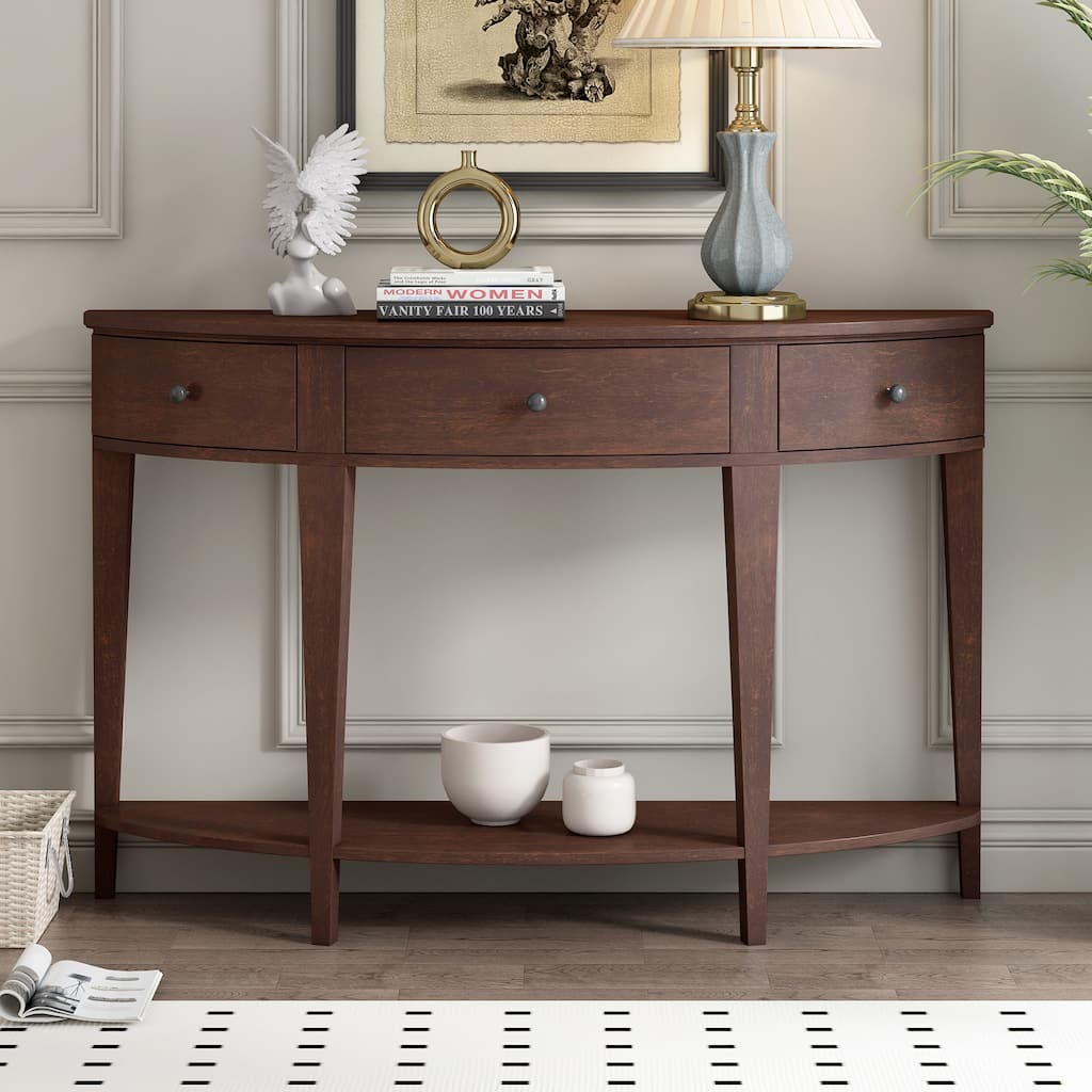 Curved Console Table Sofa Table with 3 Drawers & Open Storage Shelf, Accent Table Hallway Tables wPine Leg & Metal Handle
