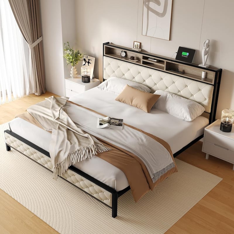Tufted Upholstered Platform Bed King Size Bed Frame with Charging Station, Top Storage Shelves and Metal Slats Supports - Beige - King