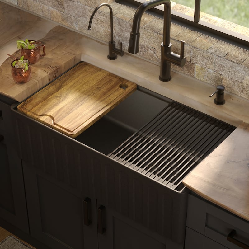 Karran 33" Single Bowl Workstation Fireclay Kitchen Sink with Reversible Fluted Apron Front