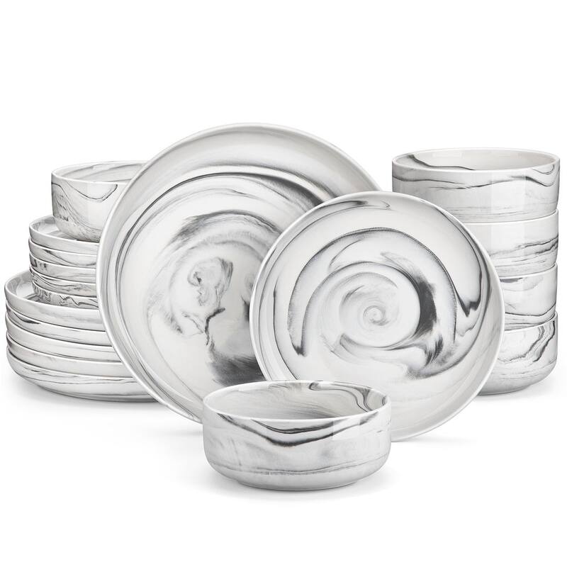 MALACASA LUNA 18-Piece Porcelain Dinnerware Set (Service for 6) - Marble Grey