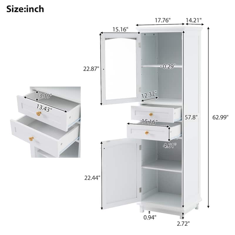 GDFStudio - Mary 63" Tall Bathroom Storage Cabinet with Glass Doors, Two Drawers, and Adjustable Shelves