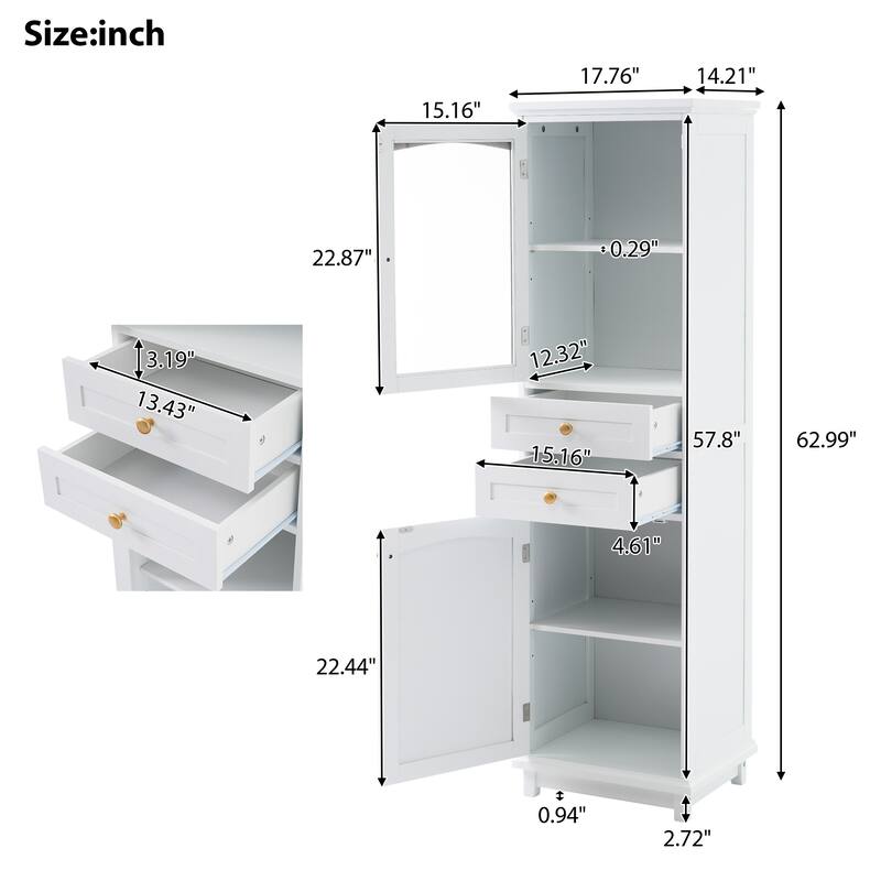Tall Bathroom Storage Cabinet with Glass Doors and Adjustable Shelves