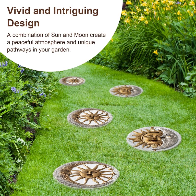 Glitzhome 4-Piece Sun & Moon Cement Stepping Stones Garden Decor - 10 in