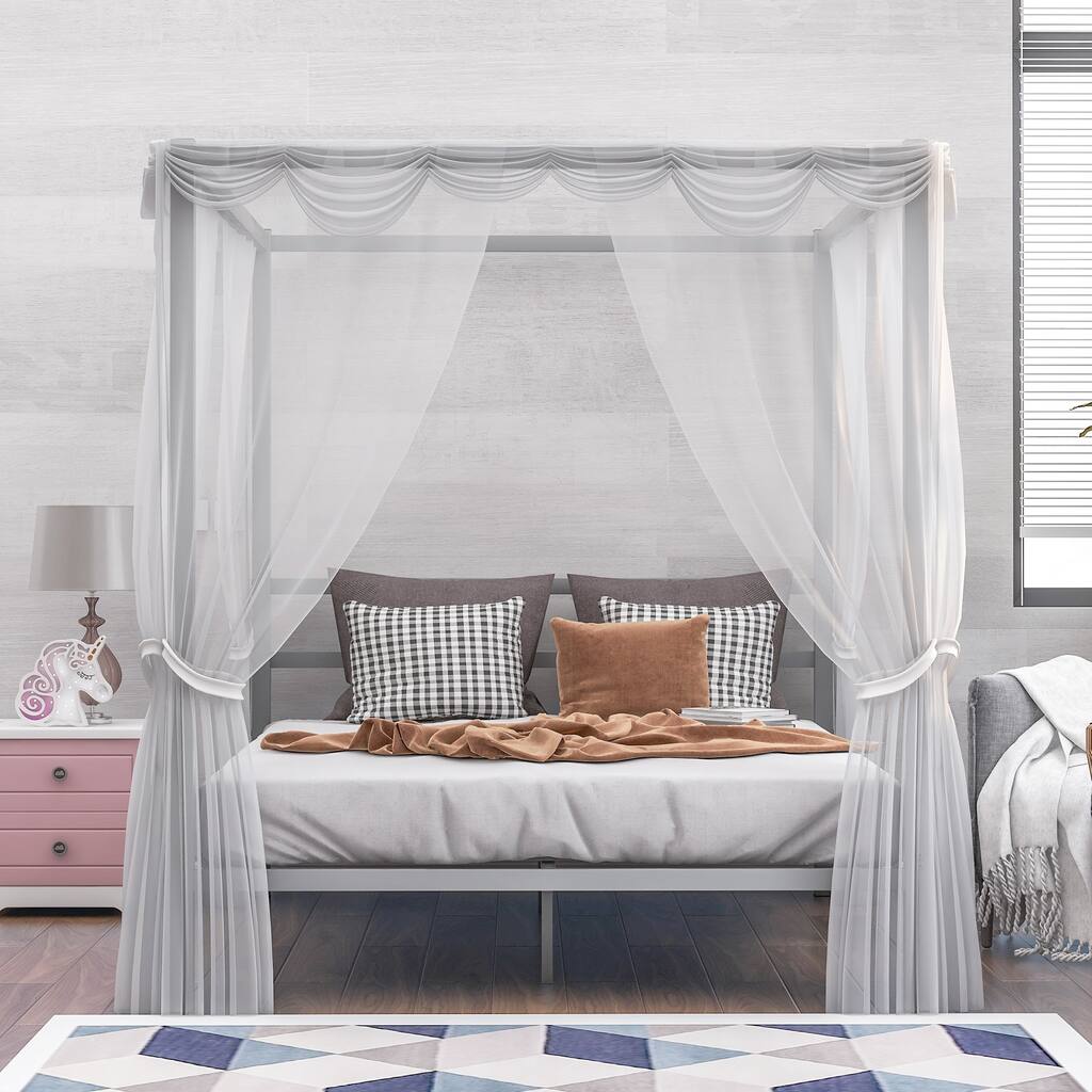 Sliver Classic Design Queen Size Metal Framed Platform Canopy Bed with Built-in Headboard